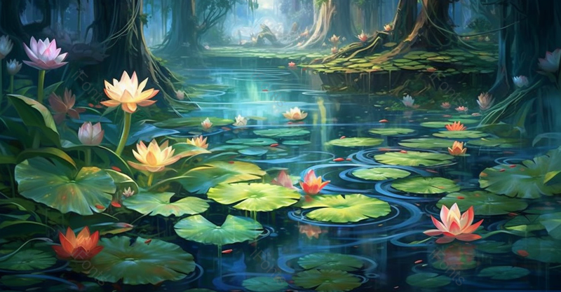 厚涂写实荷塘美景莲花盛开绿色背景插画,插画/手绘图,插画/手绘图库,插画/手绘图下载,插画/手绘